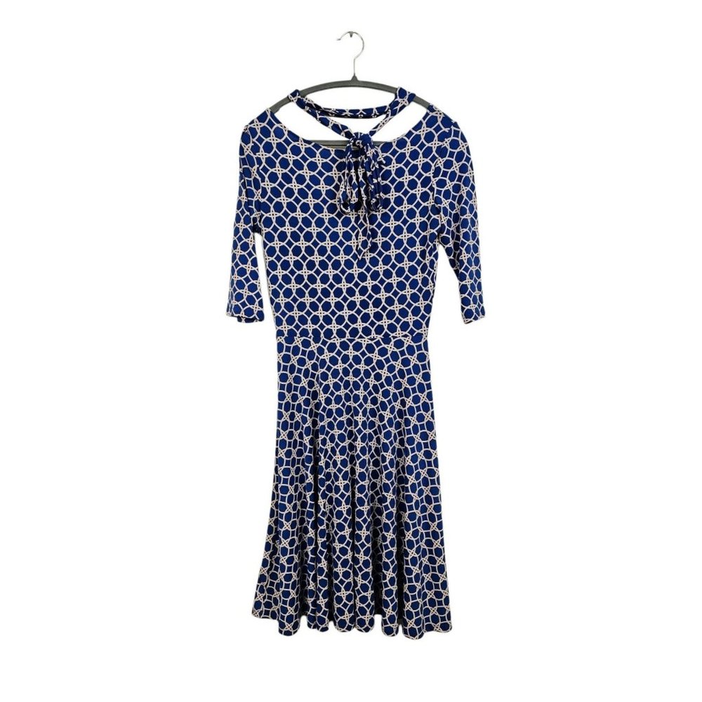 Leota Printed Dress Blue/White Trellis Fit Flare 3/4 Sleeve Dress